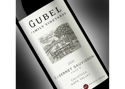 Gubel Family Vineyards Label rendered by Steven Noble artwork branding design engraving etching illustration line art scratchboard steven noble wine wine label woodcut