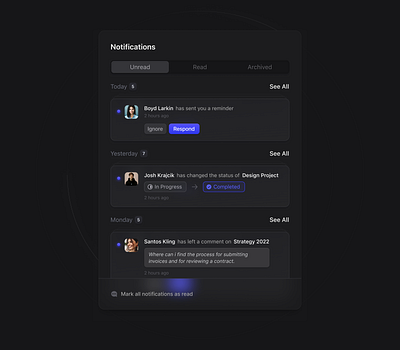 Dark Mode Notifications alerts clean component dark mode dark ui design interface messages navigation notifications overlay product saas settings sidebar tabs ui ui design ux ux design