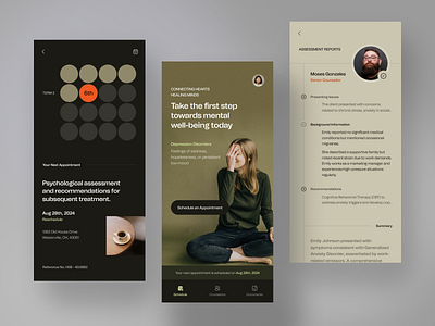 Mental Health App. app app ui appointment business consultant dark date details doctor health healthy interview mental health mobile mobile app mobile ui questionnaire schedule ui ux