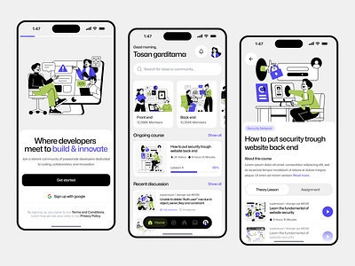 Developer club & community mobile apps 💻 chat club coding community course developer discussion e course e learning illustration mobile apps ui ui design