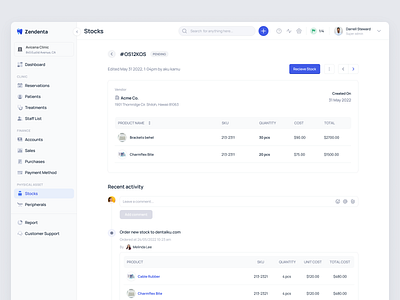 Zendenta - Order Stock Details for SaaS Dental Clinic clinic dental dentist ehr emr healthcare hospital management medical records order product design saas saas dental saas design stock ui ux web app web design