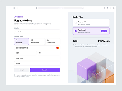 Cosmic - Subscription Page animate b2b buy clean dashboard minimalist modern money price pricing pricing page pricing plan product product design saas simple startup subscription uiux